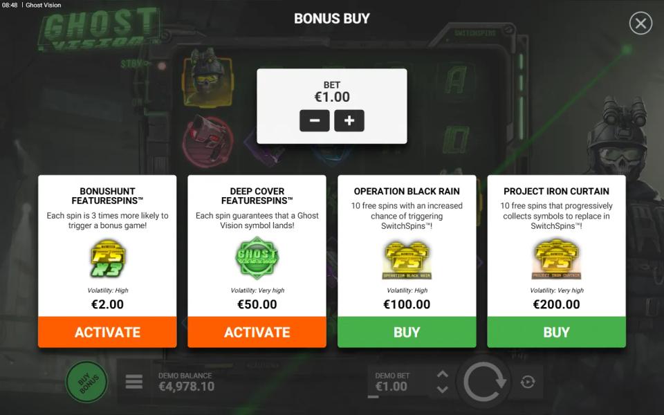 Ghost Vision bonus buy menu showing BonusHunt FeatureSpins at 2x, Deep Cover FeatureSpins at 50x, Operation Black Rain at 100x and Project Iron Curtain at 200x