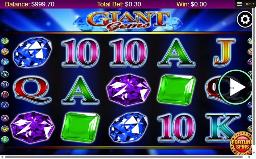 Giant Gems slot gameplay showing 5x3 grid with ruby, sapphire and amethyst gem symbols across 10 paylines