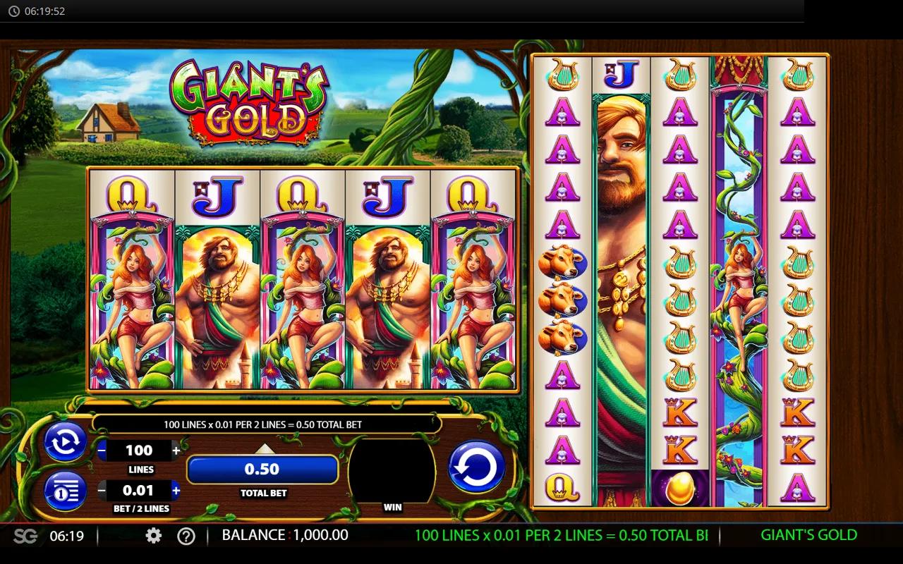 Giant's Gold dual reel layout: 5x4 main grid beside the 5x12 colossal grid, beanstalk and sky castle backdrop.