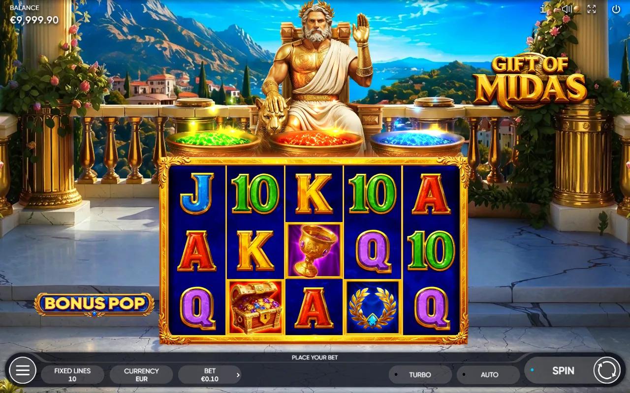 Gift of Midas slot 5x3 grid with a golden temple wild, King Midas and three coloured bonus bowls above the reels