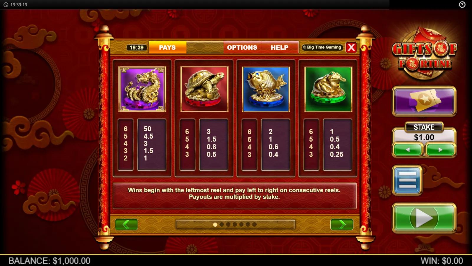 Gifts of Fortune slot PAYS screen showing golden dragon, turtle, koi and rabbit symbol payouts on a red Chinese New Year scroll