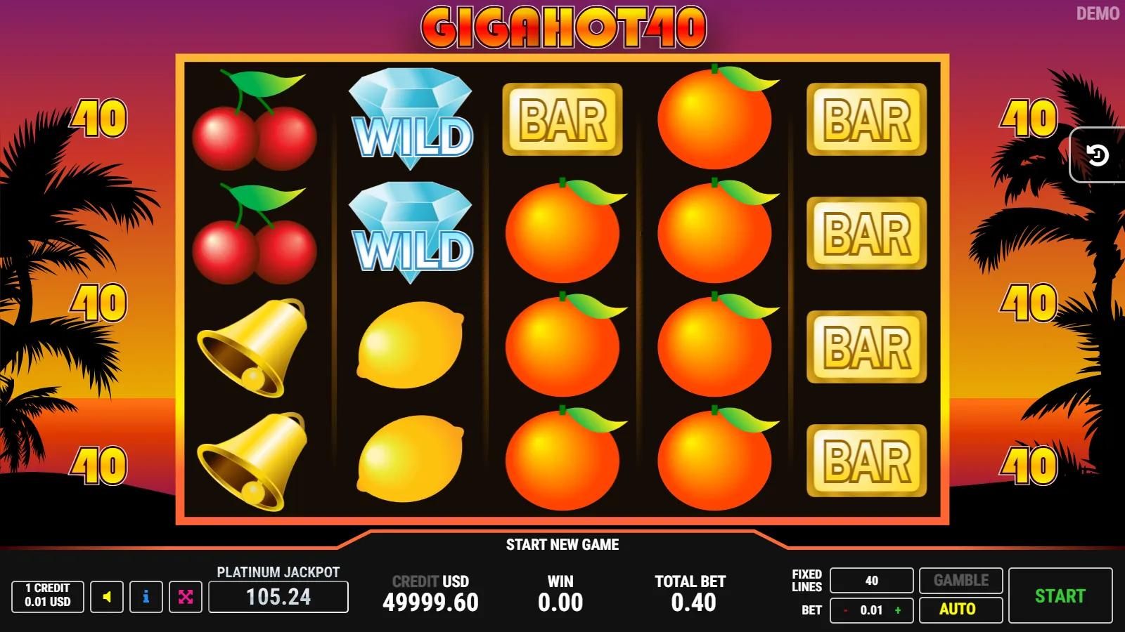 Giga Hot 40 slot gameplay showing 5x4 classic fruit grid with blue diamond wild, blue star scatter, red 7 and 40 paylines