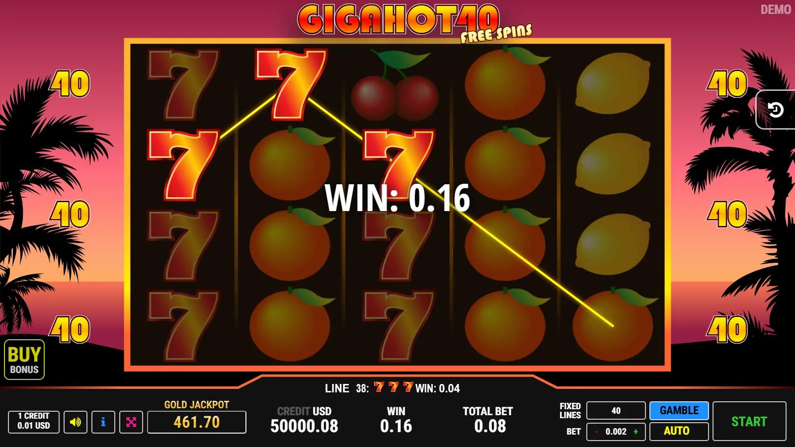 Giga Hot 40 Free Spins slot gameplay showing 5x4 fruit grid with blue diamond wild, palm-sunset scatter and 40 lines