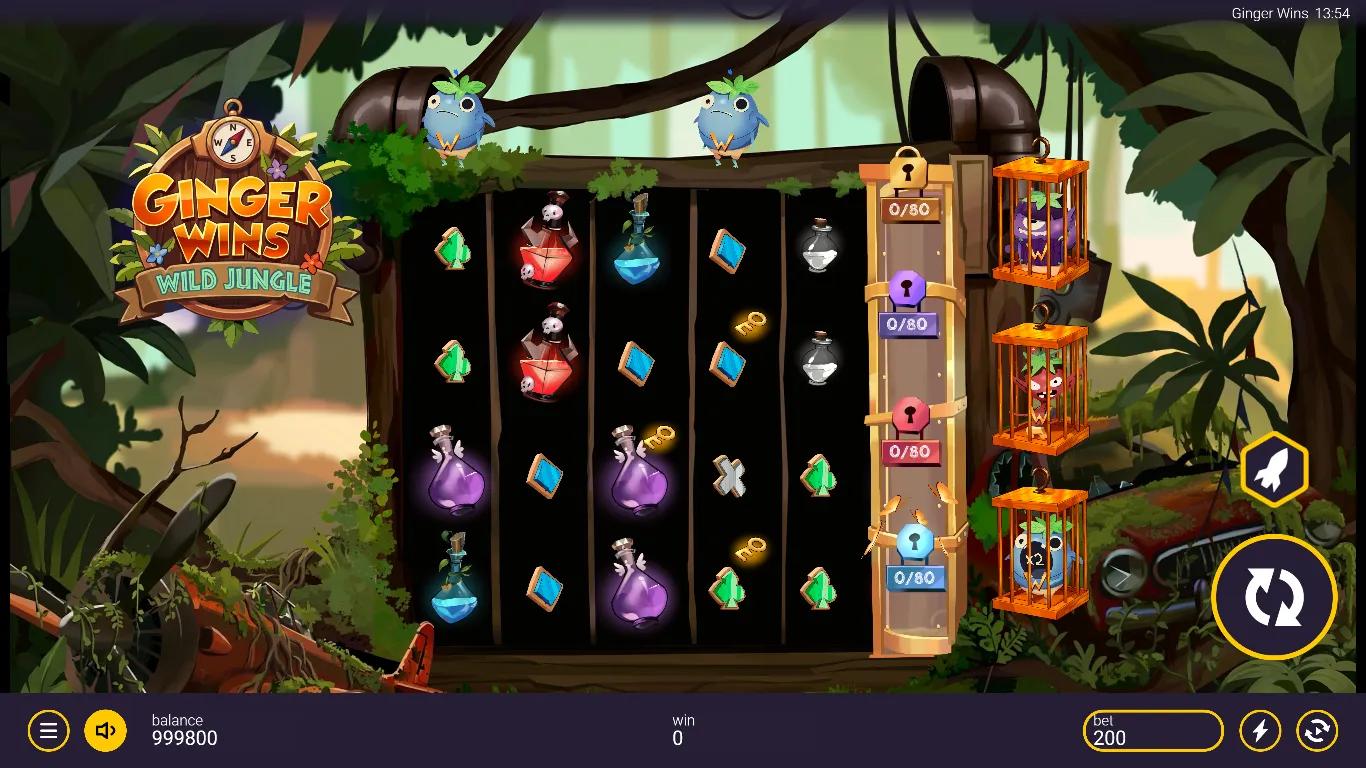 Ginger Wins slot gameplay showing 5x4 jungle grid with potion symbols and right-side Collection Meter tier crests