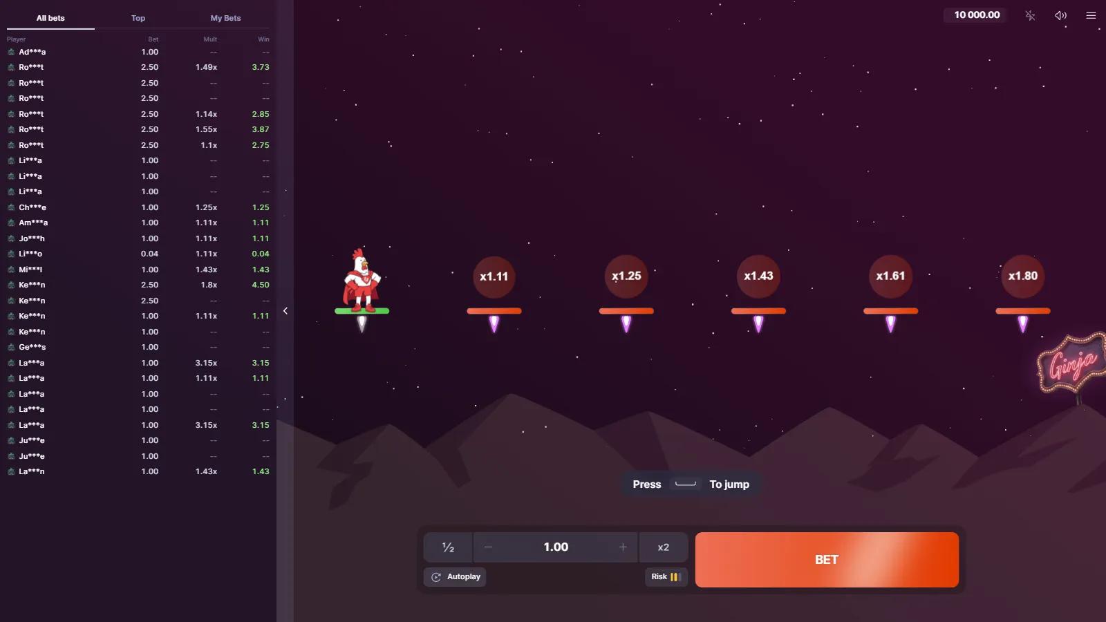 Ginja Run crash game showing the superhero rooster jumping across neon platforms with rising multipliers over a night mountain backdrop