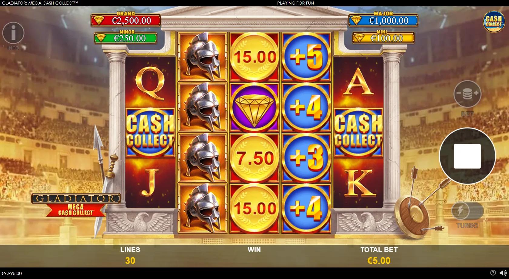 Gladiator: Mega Cash Collect gameplay showing the 3-4-4-4-3 reels with gold cash coins and a silver gladiator helmet premium