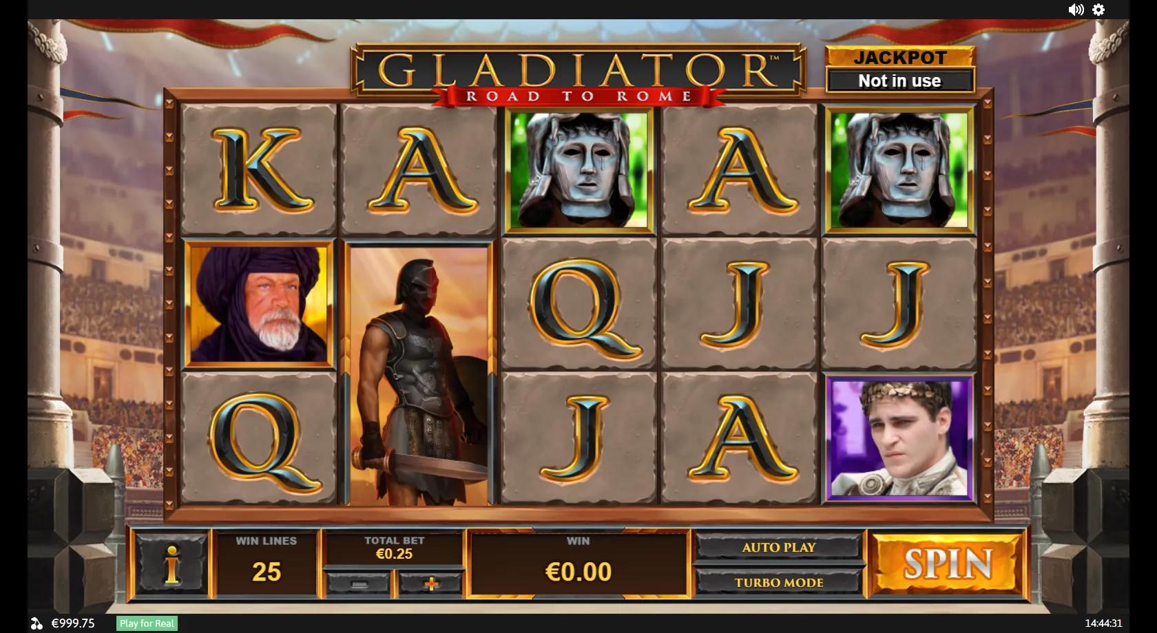 Gladiator: Road to Rome gameplay showing a 5x3 Colosseum reel set with Maximus, Commodus and Roman helmet symbols