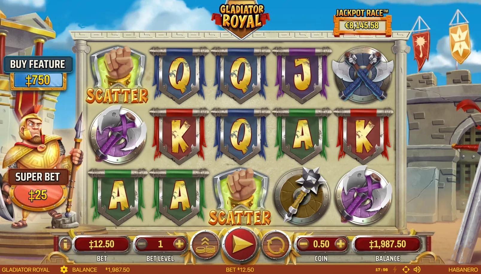 Gladiator Royal slot gameplay showing 5x3 grid with weapon symbols and banner royals beside Roman legionnaire figure