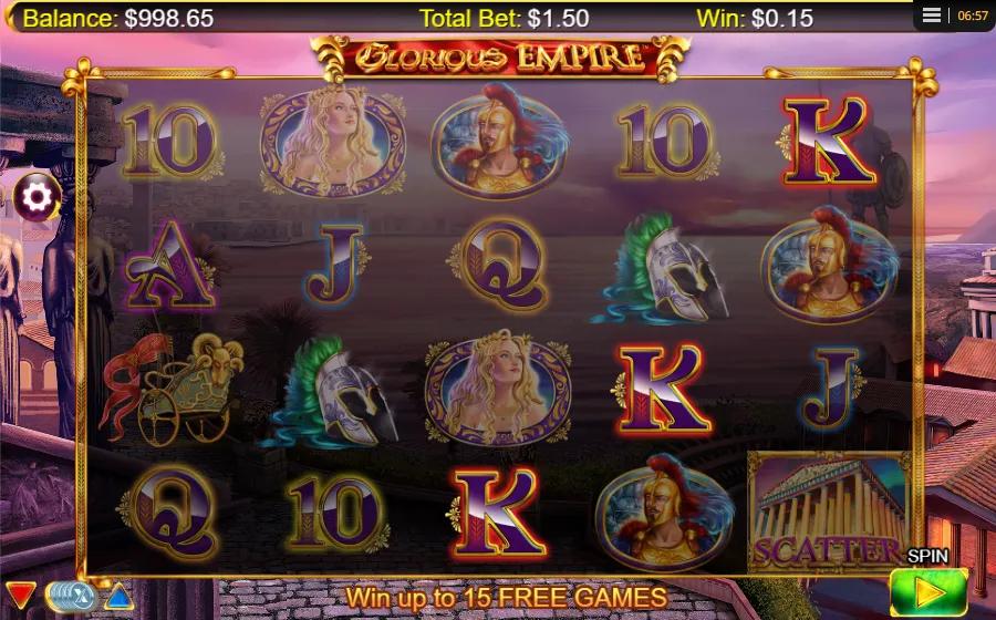 Glorious Empire slot gameplay showing 5x4 grid with gold lion Wild and Greek temple Scatter on Roman reels