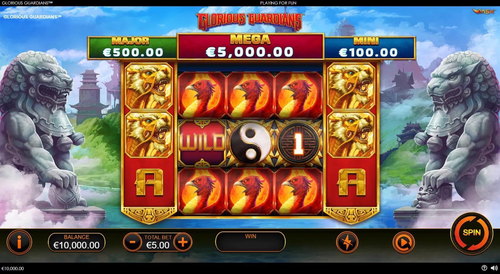 Glorious Guardians 5x3 reels flanked by stone guardian-lion statues with phoenix, dragon and tiger symbols and jackpot meters