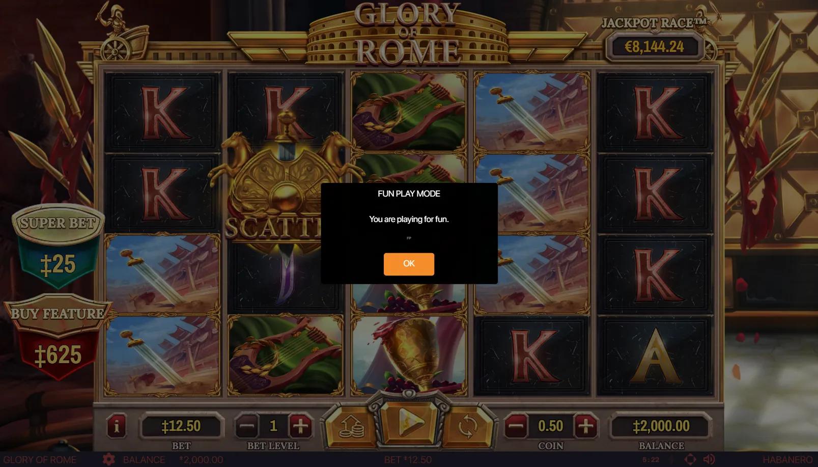 Glory of Rome slot gameplay showing 5x4 grid with sword, lyre wreath and spilled goblet symbols plus Jackpot Race meter on Colosseum frieze