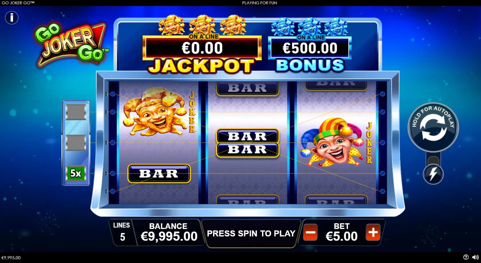 Go Joker Go gameplay showing a red-and-gold three-reel cabinet with BAR, red 7 and joker symbols, a side multiplier strip, and BONUS and JACKPOT meters above the reels