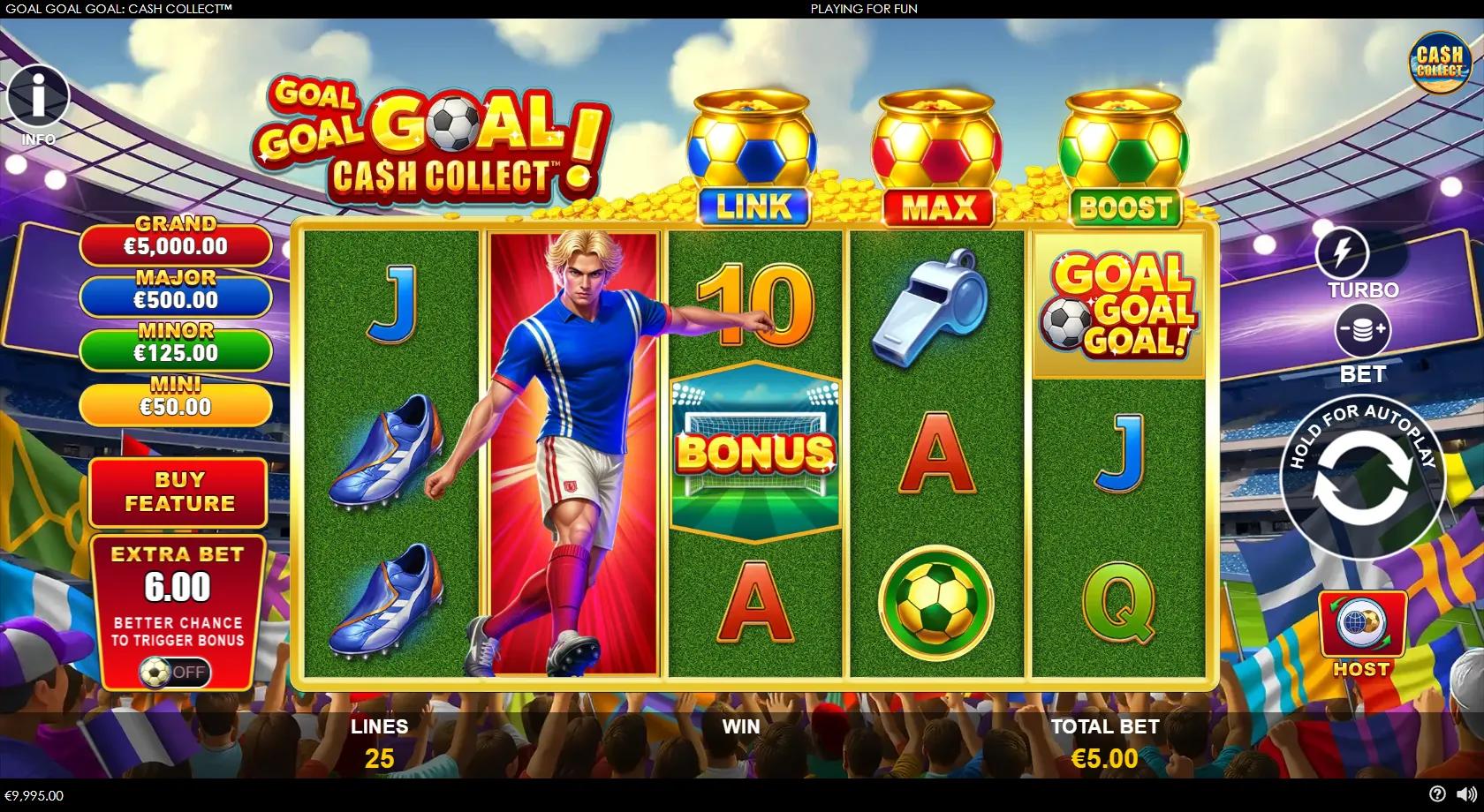 Goal Goal Goal Cash Collect slot gameplay showing the 5x3 football grid with LINK, MAX and BOOST cash pots