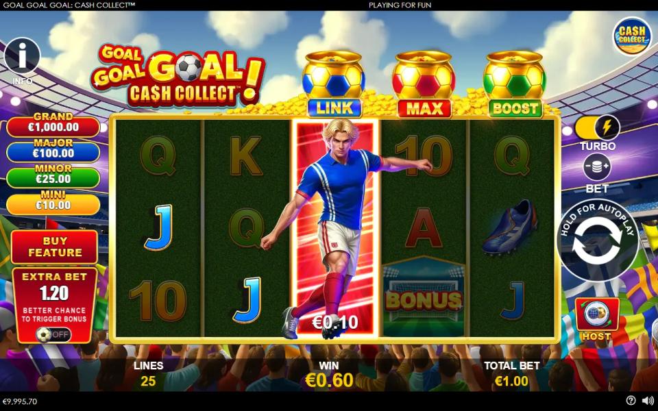 Goal Goal Goal: Cash Collect base game with a footballer wild covering reel 3 on the 5x3 grid, the LINK, MAX and BOOST pots above the reels