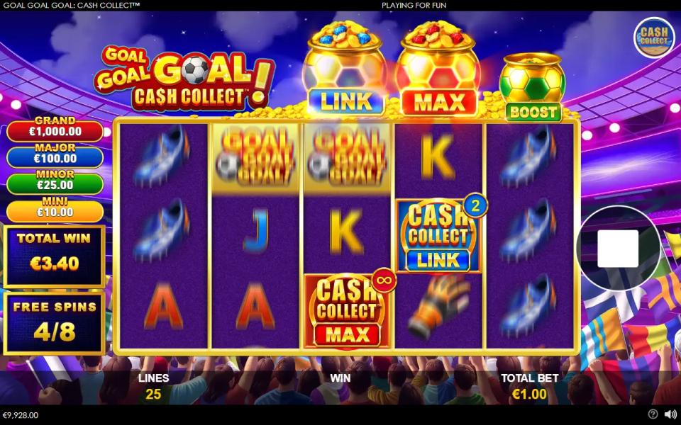 Free spins with a locked red Cash Collect MAX on reel 3 and a blue Cash Collect Link on reel 4, only the LINK and MAX pots lit