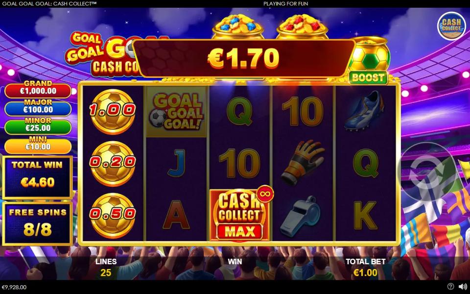 Final free spin where three cash coins on reel 1 are collected by the locked Cash Collect MAX for 1.70