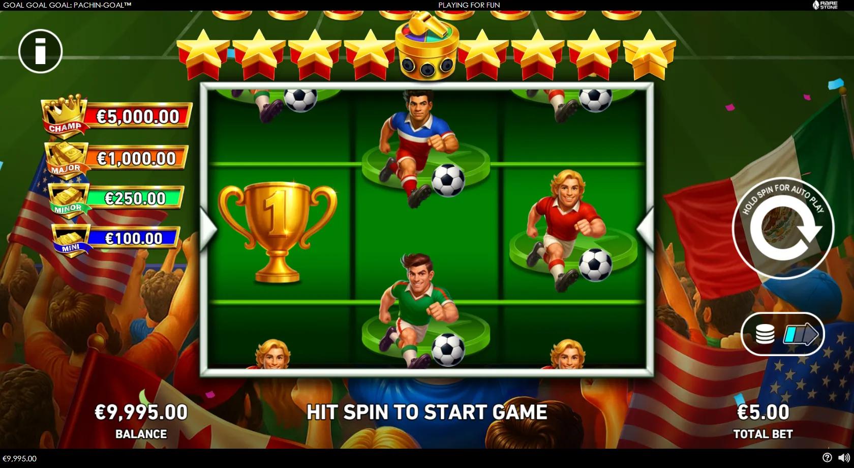 Goal Goal Goal Pachin-Goal slot gameplay showing 3x3 football reels with players, footballs and star collection bar