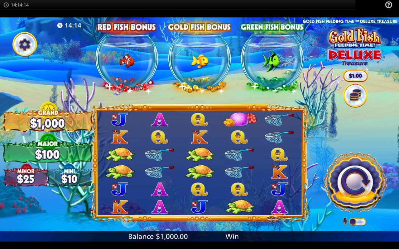 Gold Fish Feeding Time Deluxe Treasure gameplay showing 5x4 grid with red, green, and gold fish symbols and a 4-tier jackpot ladder