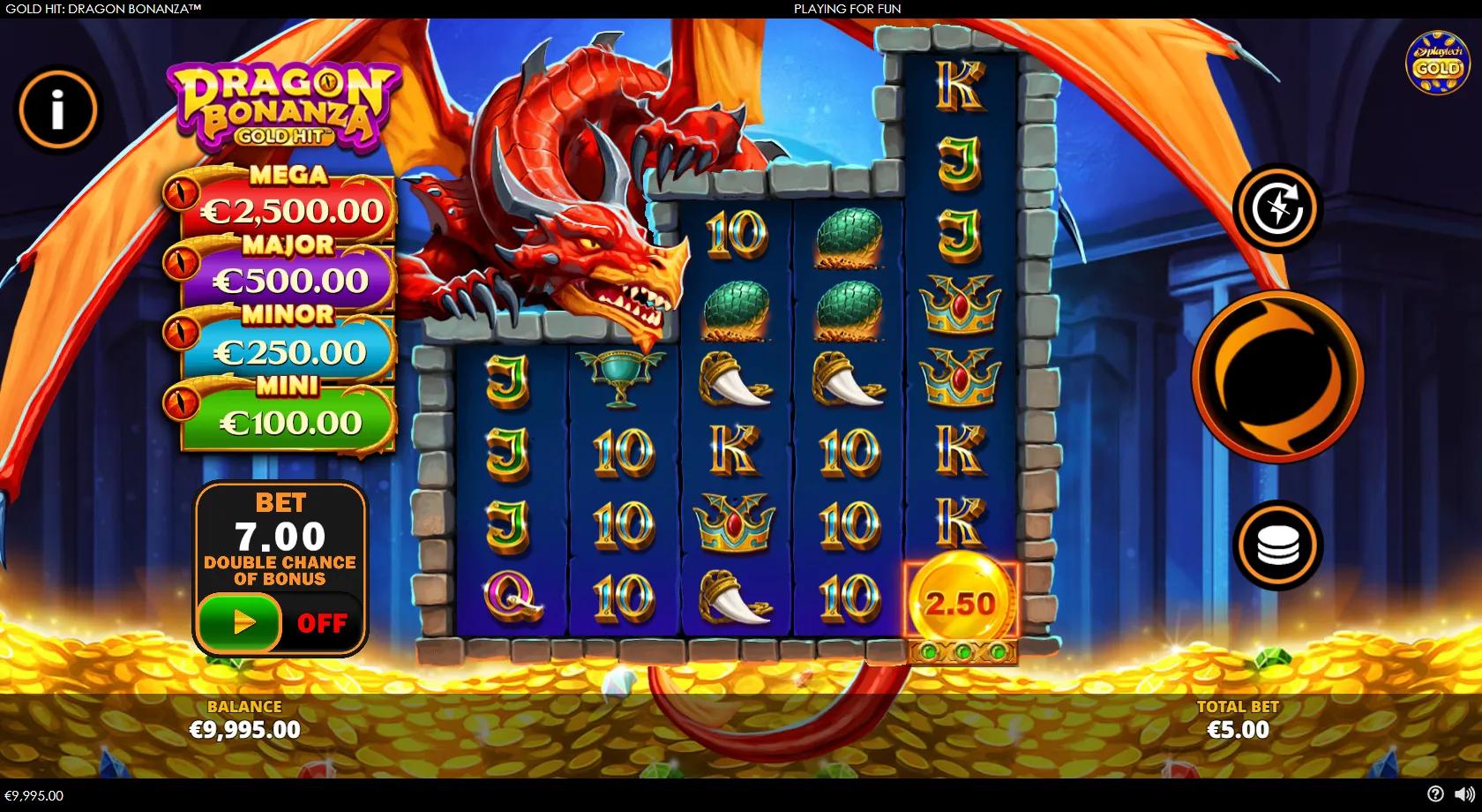 Gold Hit: Dragon Bonanza gameplay showing the 4-4-6-6-8 tower reels with gold cash coins and a red dragon