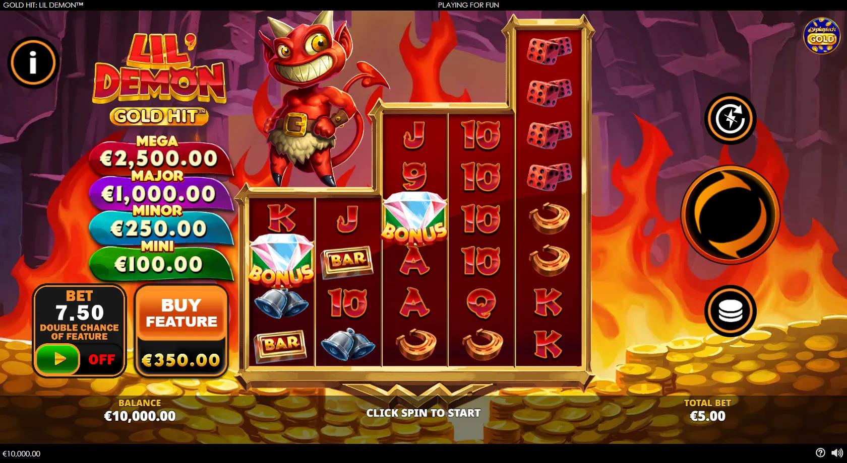 Gold Hit: Lil Demon slot: staggered 5-reel grid with a grinning red devil, gold prize coins and four jackpot tiers