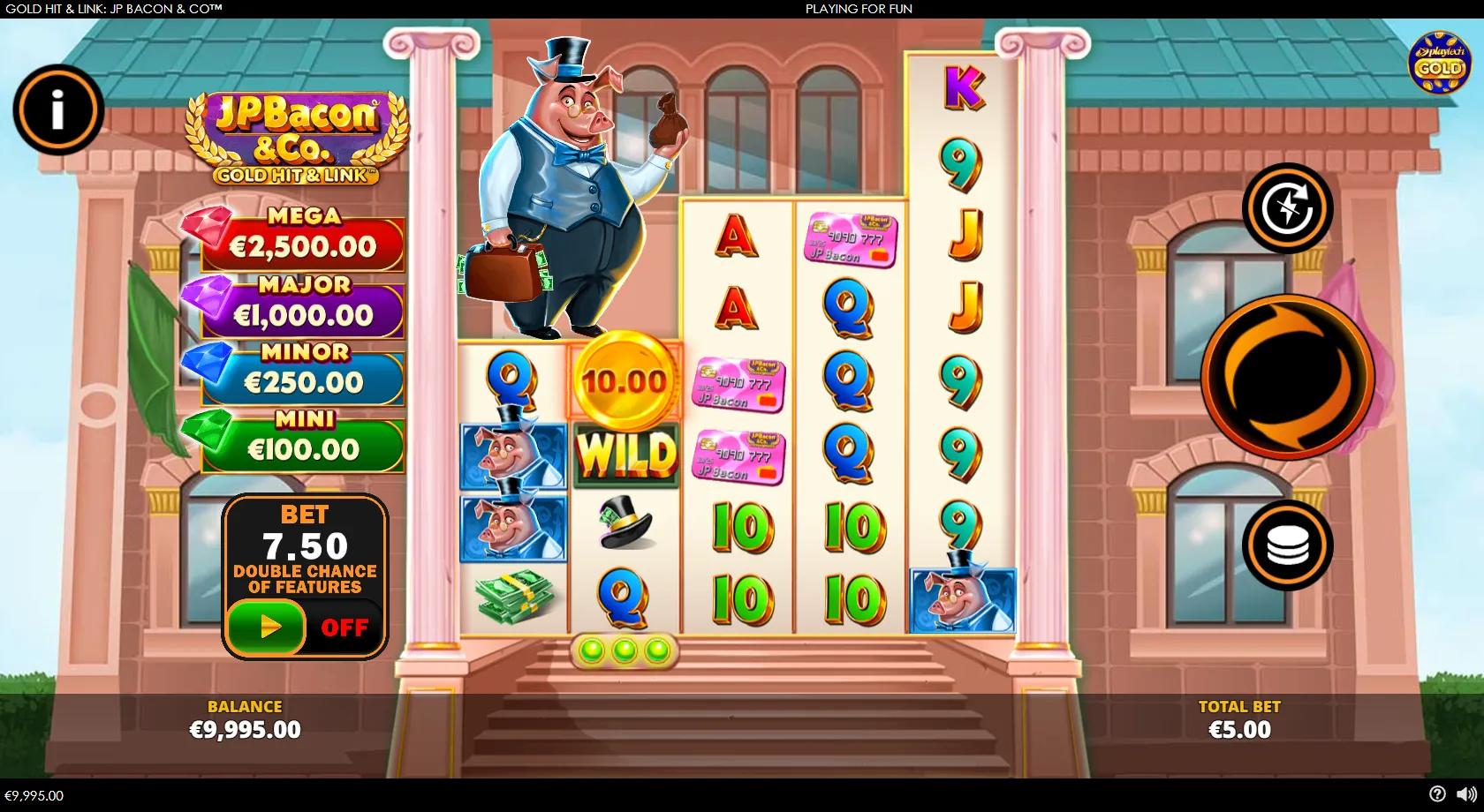 Gold Hit & Link: JP Bacon & Co gameplay showing 4-4-6-6-8 reels with a locked 10.00 cash coin