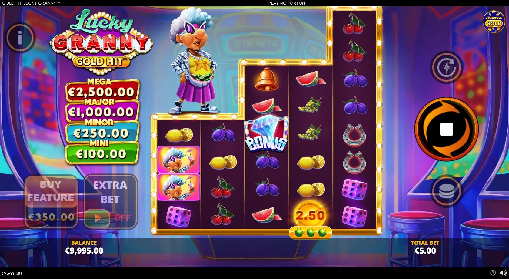 Gold Hit Lucky Granny slot gameplay showing an irregular Vegas-bar grid with fruit-machine symbols, gold cash coins, blue Bonus diamonds and a four-tier jackpot ladder