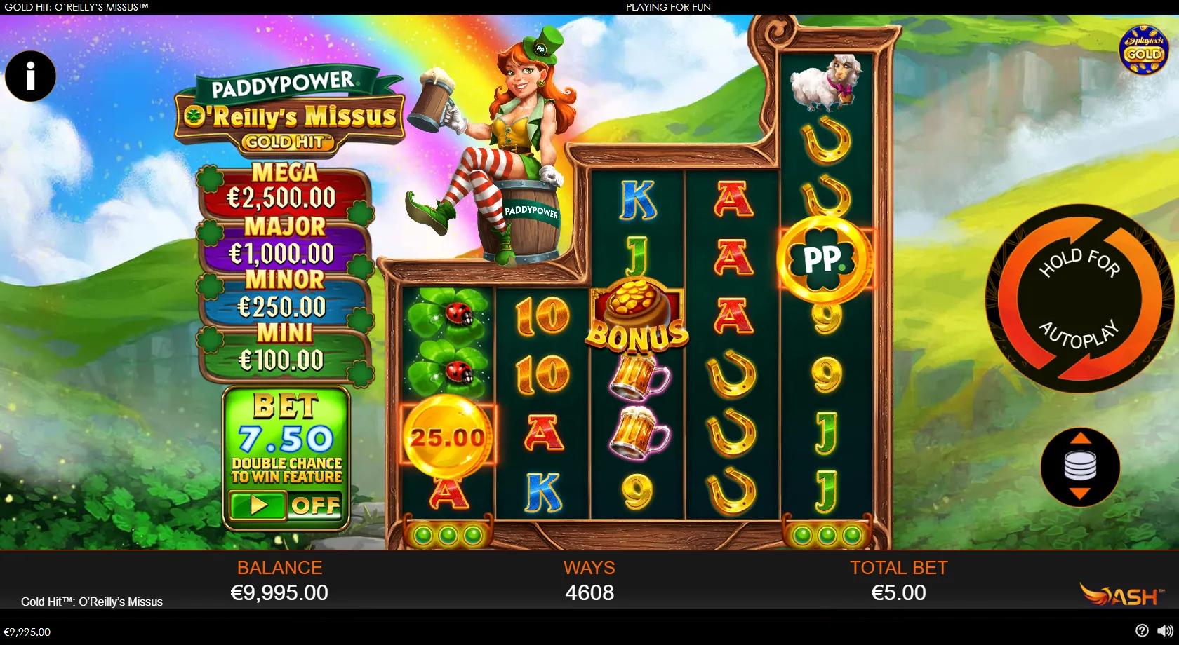Gold Hit: O'Reilly's Missus gameplay showing Paddy Power 4-4-6-6-8 reels with clover and horseshoe
