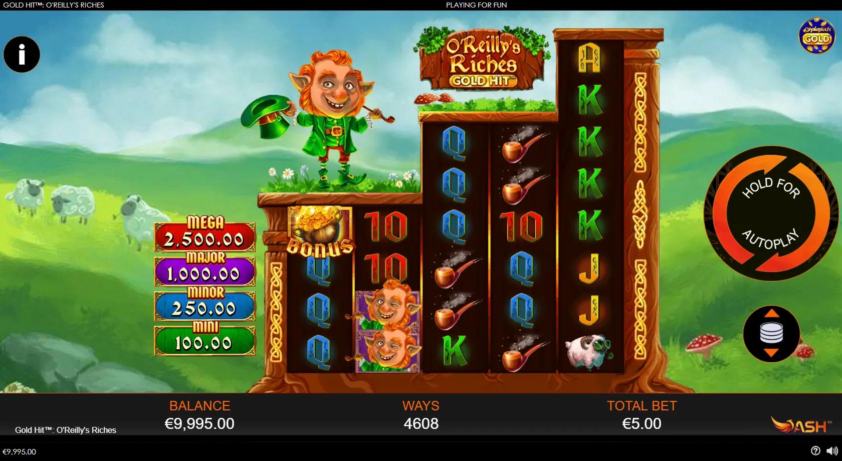 Gold Hit: O'Reilly's Riches gameplay showing the 4608-ways Irish reels with a leprechaun and four jackpots