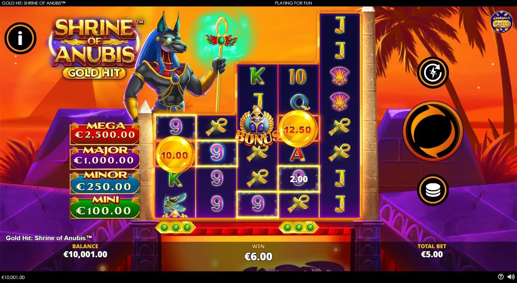 Gold Hit: Shrine of Anubis gameplay showing the 4-4-6-6-8 tower reels with gold coins and Anubis