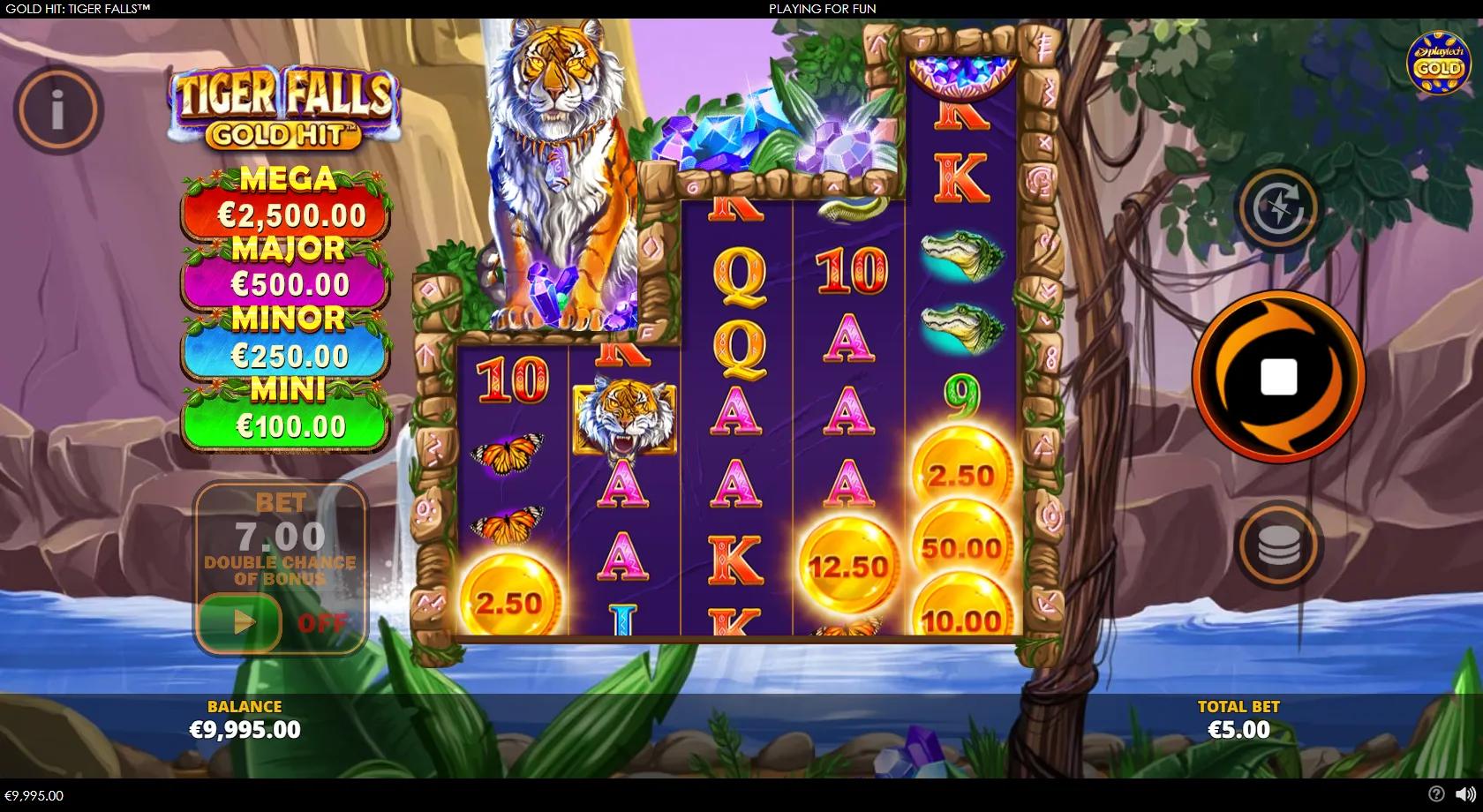 Gold Hit Tiger Falls slot gameplay showing a staggered jungle-waterfall grid with a white tiger, monkey, crocodile and butterfly symbols, gold cash coins and four jackpots