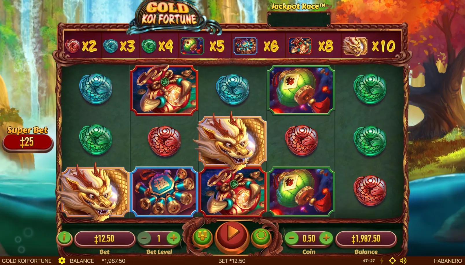 Gold Koi Fortune slot gameplay showing 5x3 grid with koi fish symbols and golden dragon head against waterfall backdrop