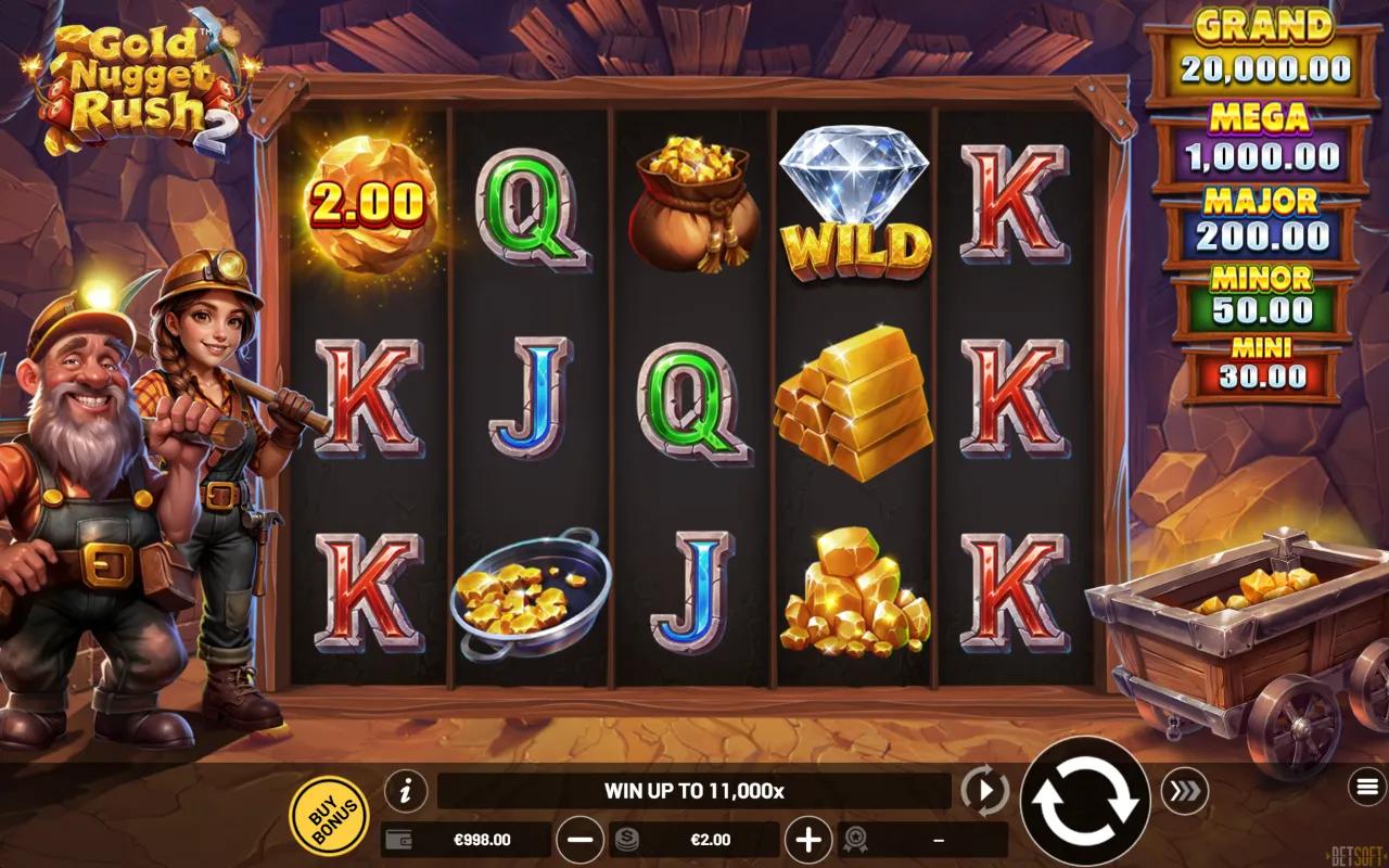 Gold Nugget Rush 2 slot 5x3 grid with gold nugget symbols and the five-tier GRAND to MINI jackpot ladder