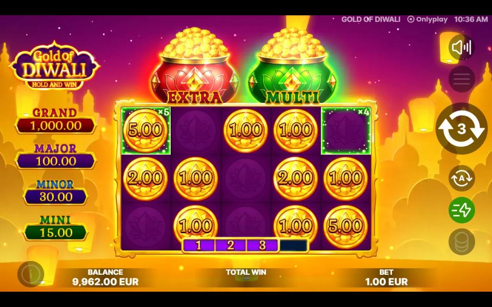 Hold and Win bonus board with the Extra and Multi pots active, a x5 cell under a coin top left and an empty top-right cell that has grown to x4