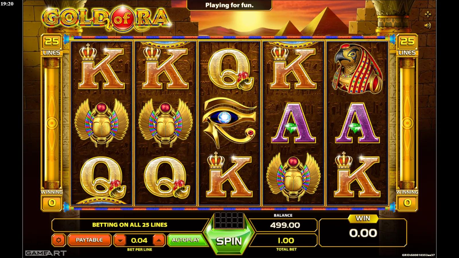 Gold of Ra slot gameplay showing the 5x3 Egyptian grid with a Horus falcon, pharaoh mask, scarab and golden chest symbols