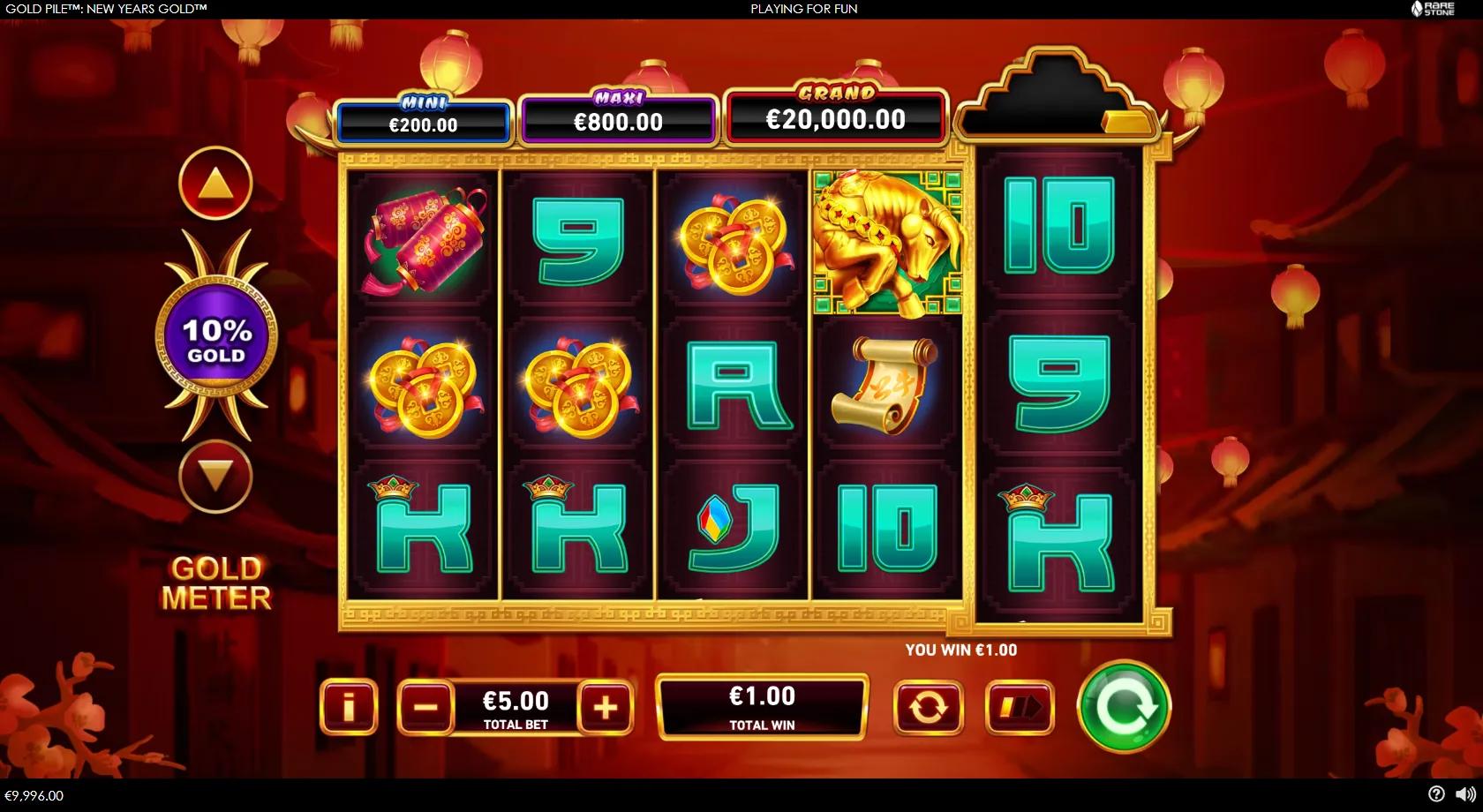 Gold Pile New Year's Gold gameplay showing a 5x3 Chinese New Year reel set with a gold ox, coins, a Gold Meter and three jackpots