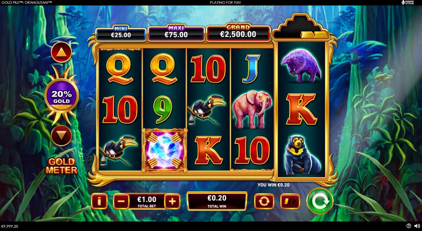 Gold Pile Orangutan gameplay showing a 5x3 jungle reel set with an elephant, sun bear, pangolin, a Gold Meter and three jackpots