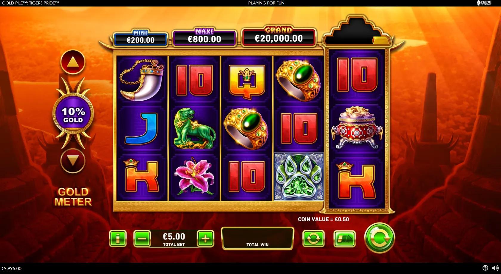 Gold Pile Tigers Pride 5x3 Asian-temple reels with a tiger wild, jade lion and paw-print scatter, a Gold Meter and three jackpots