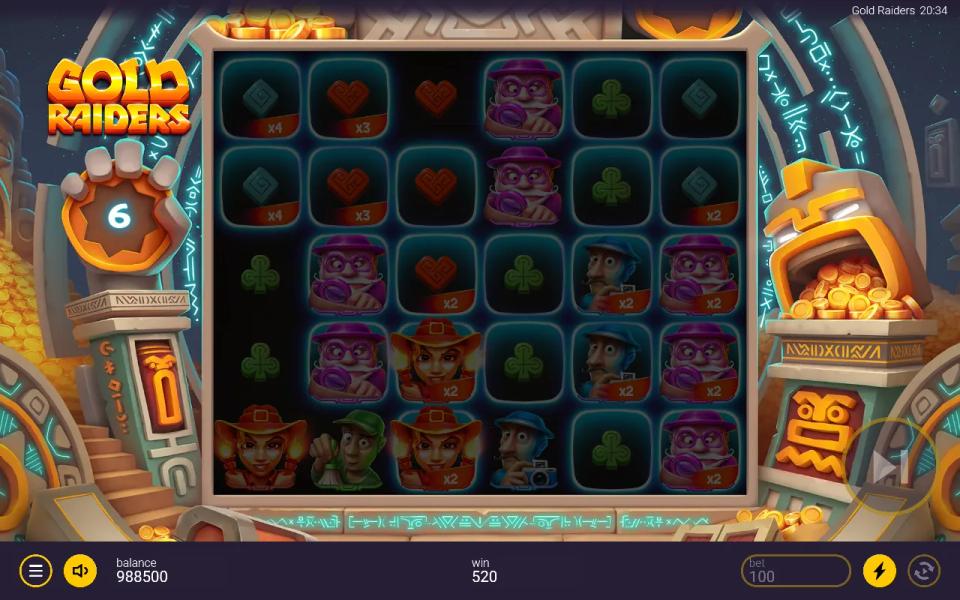 Gold Raiders free spin with multiplier badges from x2 to x4 still lit on cells won earlier in the round