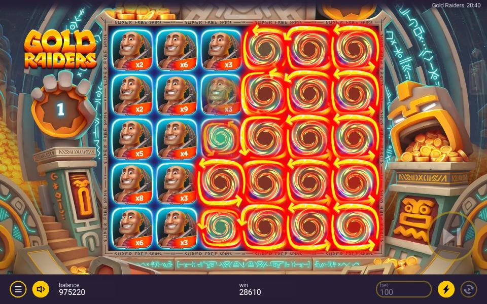 Gold Raiders Super Free Spins, a Base Rainbow turning the lit cells into miners that each wear a badge between x2 and x9