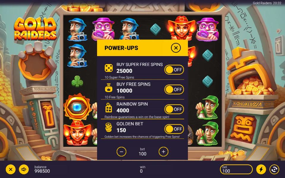 Gold Raiders Power-Ups menu at a 100 bet listing Buy Super Free Spins, Buy Free Spins, Rainbow Spin and Golden Bet with their prices