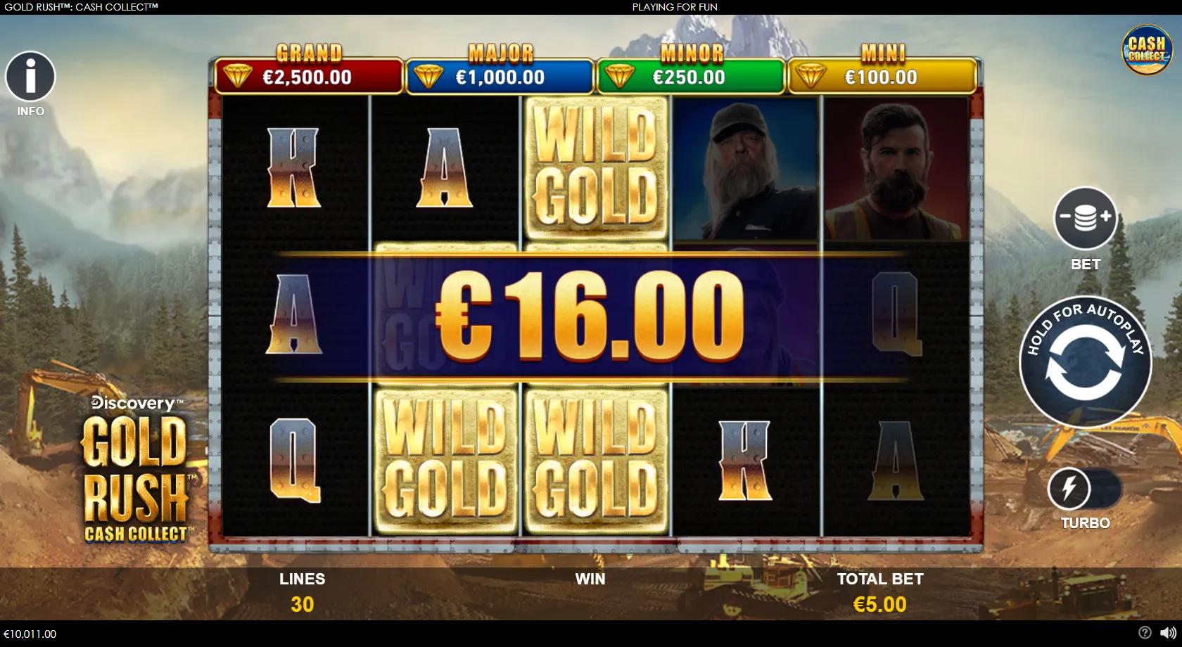 Gold Rush Cash Collect gameplay showing 5x3 gold-mine reels with cash coins, Wild Gold and four jackpots