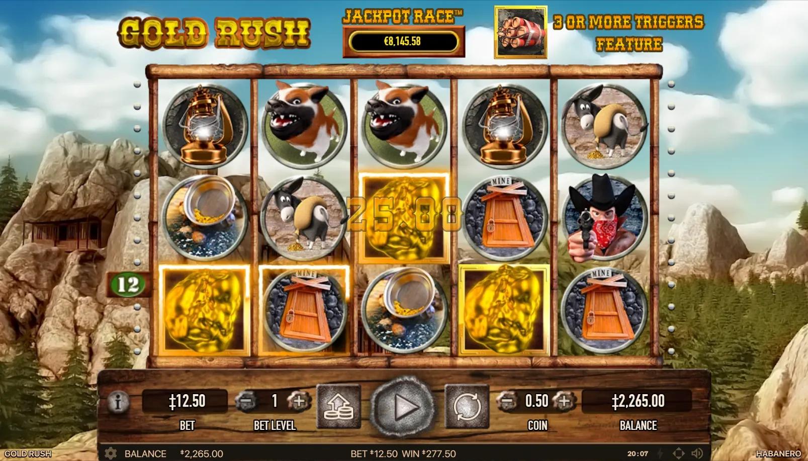 Gold Rush slot gameplay showing 5x3 grid with gold nugget wild, dynamite scatter, prospector miner, pickaxe, and gold bar symbols on Old West mining town backdrop