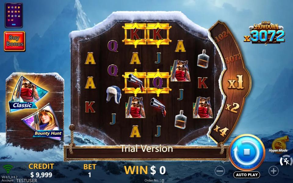 Gold Showdown x3072 base game: a snowy wooden saloon board with 3-4-5-5-4-3 reels, gold-framed symbols on the middle reels and the multiplier plank at x1