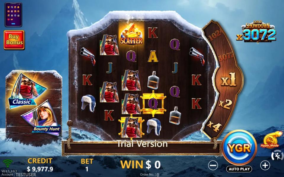 Base board showing the 3-4-5-5-4-3 reel shape, a gold bar scatter on reel 3 and gold-framed symbols on reels 3 and 4