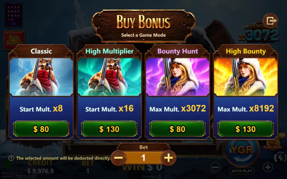 Buy Bonus menu listing Classic at 80x, High Multiplier at 130x, Bounty Hunt at 80x and High Bounty at 130x