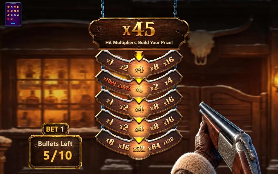 Bounty Hunt screen with five stacked multiplier wheels and a running total of x45 after the first five shots