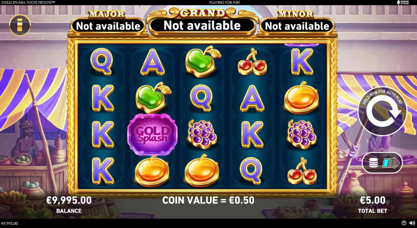 Gold Splash Toots Froots gameplay showing 5x4 Egyptian fruit reels with gem-drop coins and three jackpots