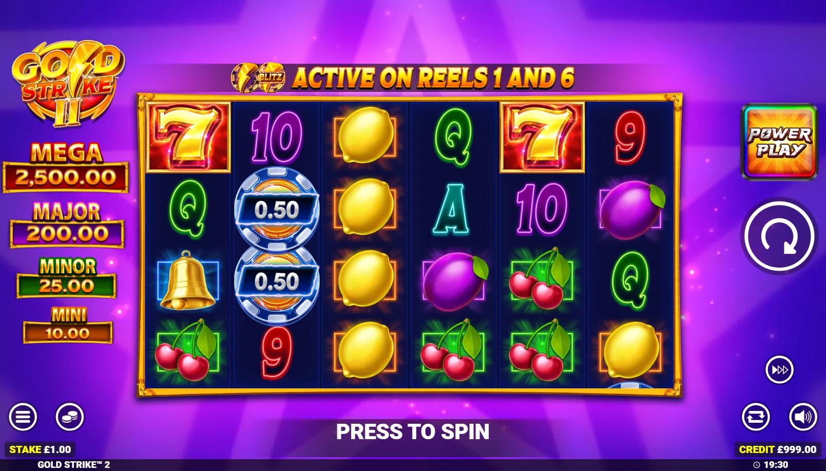 Gold Strike 2 slot showing 6x4 ways grid with lightning and gold premium symbols, Cash Collect and 4-tier cashpot panel