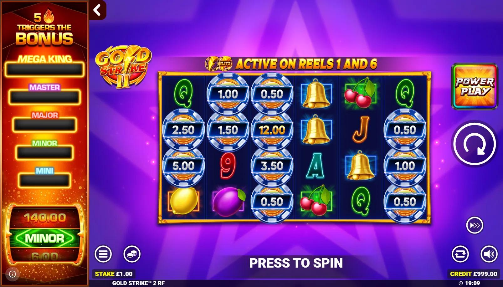 Gold Strike 2 Rapid Fire Jackpots slot showing 6x4 ways grid with Cash Collect and 5-tier Rapid Fire jackpot panel