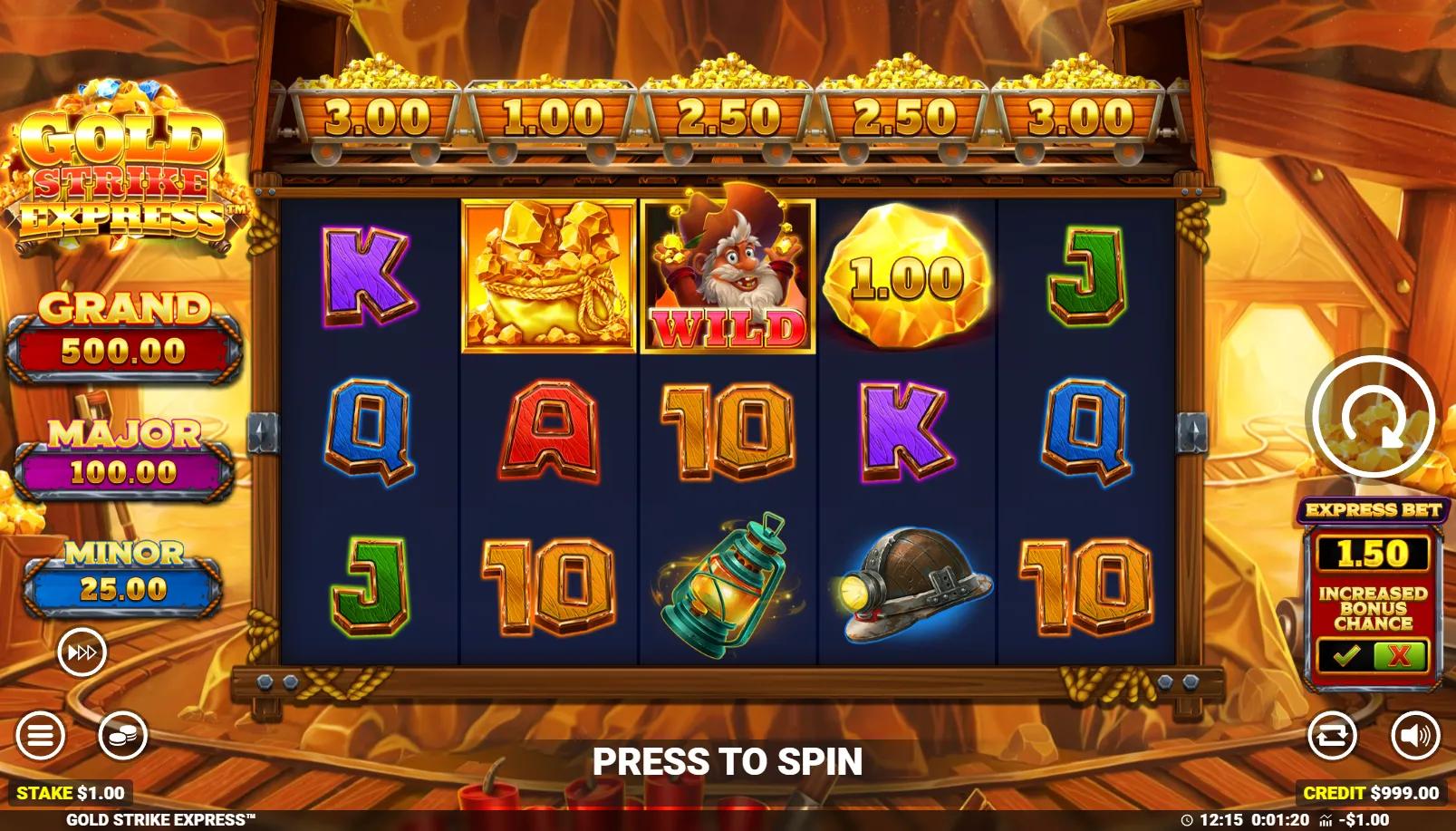 Gold Strike Express slot showing 5x3 grid with mining symbols and train carriage track above the reels